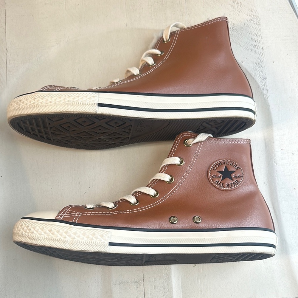 Converse All Star High Top Leather Faux Fur Tan Tie Sneakers Size 6